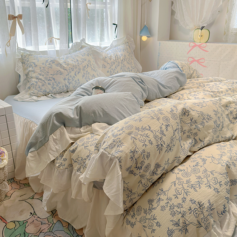 韩版水洗棉床上四件套2025款公主风床单少女心被套三件套床品床裙