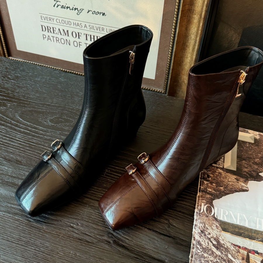 H158-219法式复古手工女鞋靴子粗跟方头短靴女加绒2025冬季新款