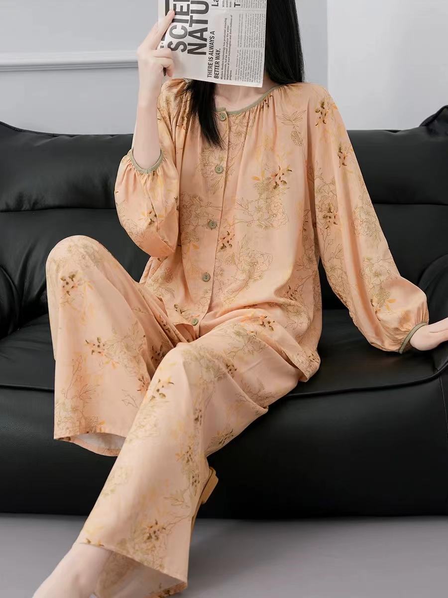带胸垫长袖长裤春夏四季款宽松国风夏季女可外穿睡衣长裤薄款套装