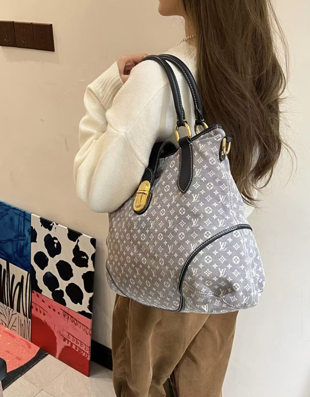 95新 LouisVuitton/路易威登 蓝色单宁金扣托特/单肩包