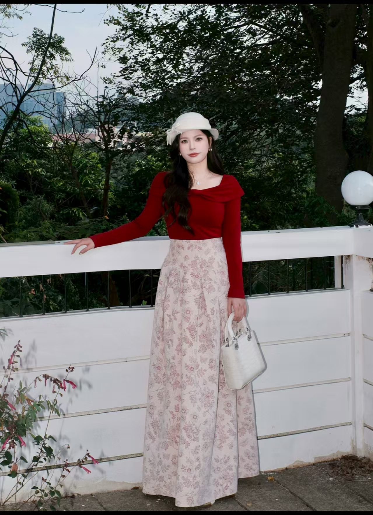 大码法式新款针织蝴蝶结上衣+高腰碎花半身裙两件套