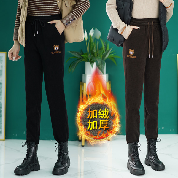 欧棉绒加绒加厚新款秋冬韩版哈伦裤显瘦束脚裤小熊图案女裤Q1101