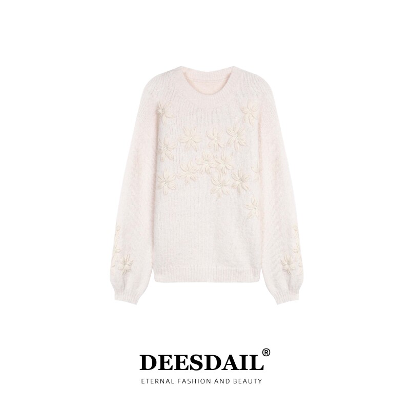 DEESDAIL冬季白色花瓣圆领轻奢毛衣显瘦小众百搭女针织衫A435
