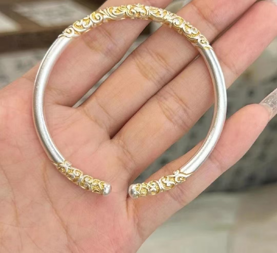 足银银制品 足银银制品 【943号】37g描金金箍棒手镯