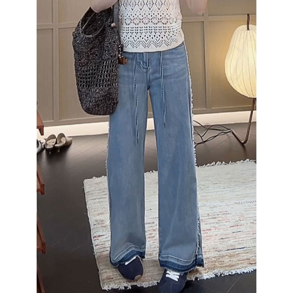 【MGDM】重工复古水洗时髦毛边牛仔裤女夏薄款宽松显高休闲直筒裤