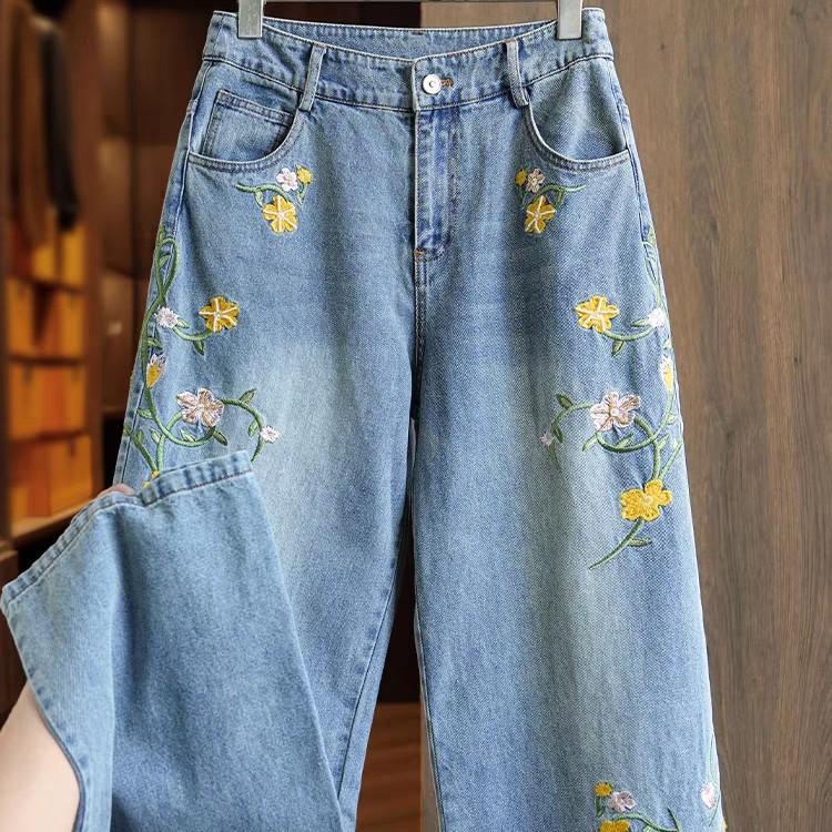 经典复古蓝直筒绣花牛仔裤女款宽松裤子休闲百搭洋气减龄阔腿裤
