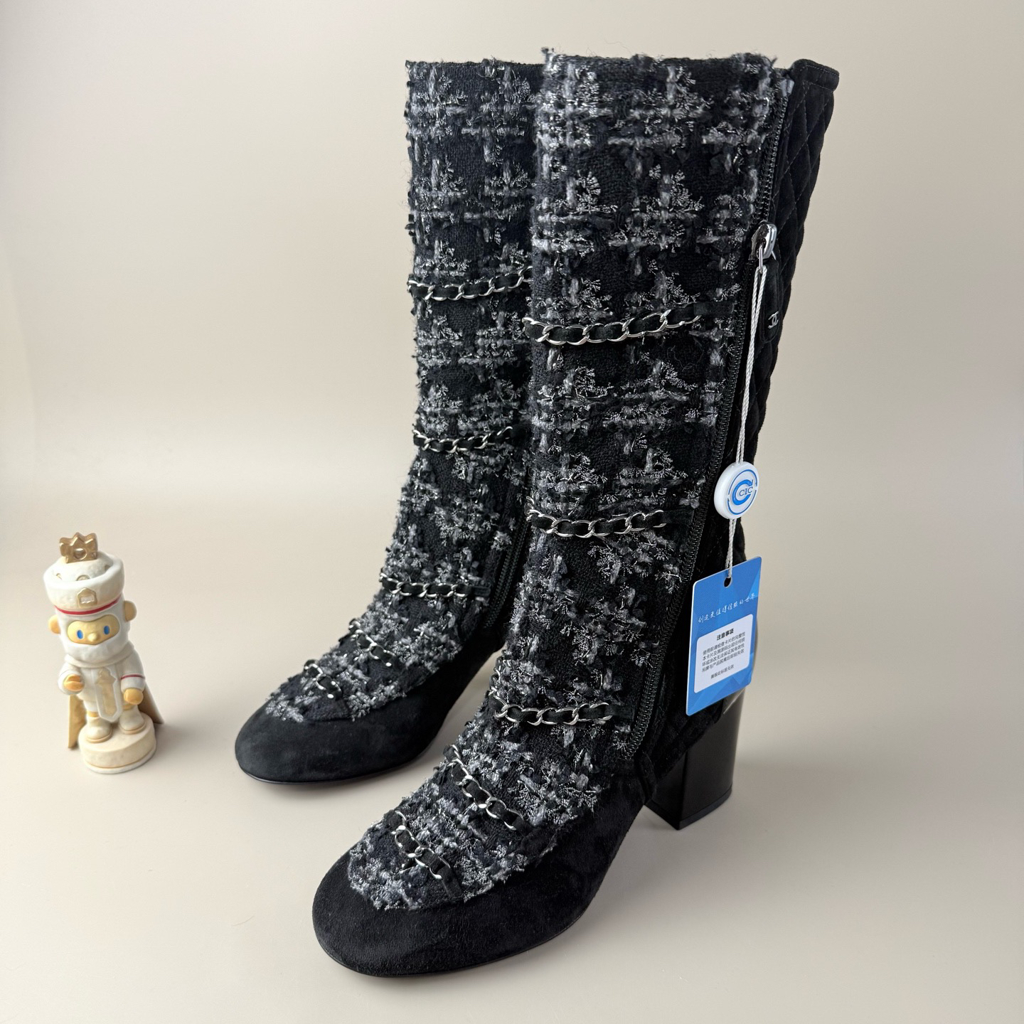 99新 Chanel/香奈儿 黑灰编织链条长筒靴 35.5码 YLP1405