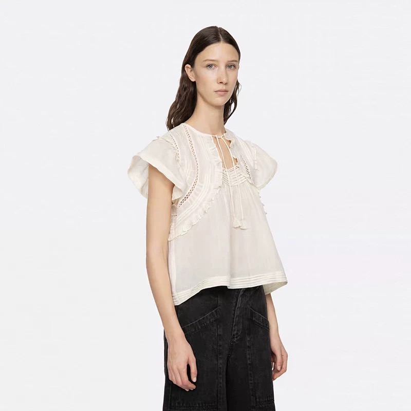 MN.南油原创法式小众夏季甜美宽松减龄刺绣压褶流苏系带飞袖上衣