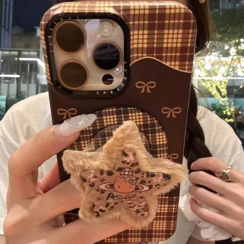 棕格纹拼接蝴蝶结磁吸适用于iPhone17promax手机壳16少女15清新14