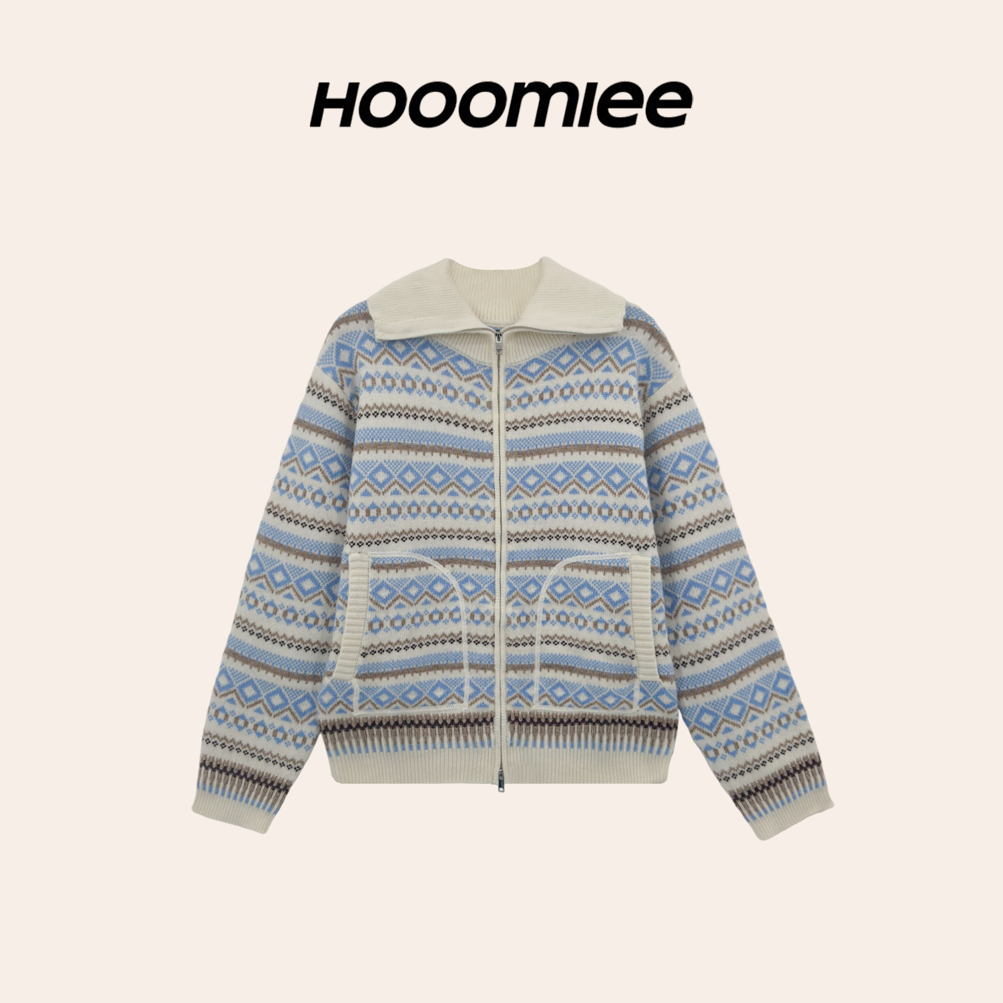 Hooomiee 新潮费尔岛 绵羊毛蓝花纹长袖针织女士上衣YS25193