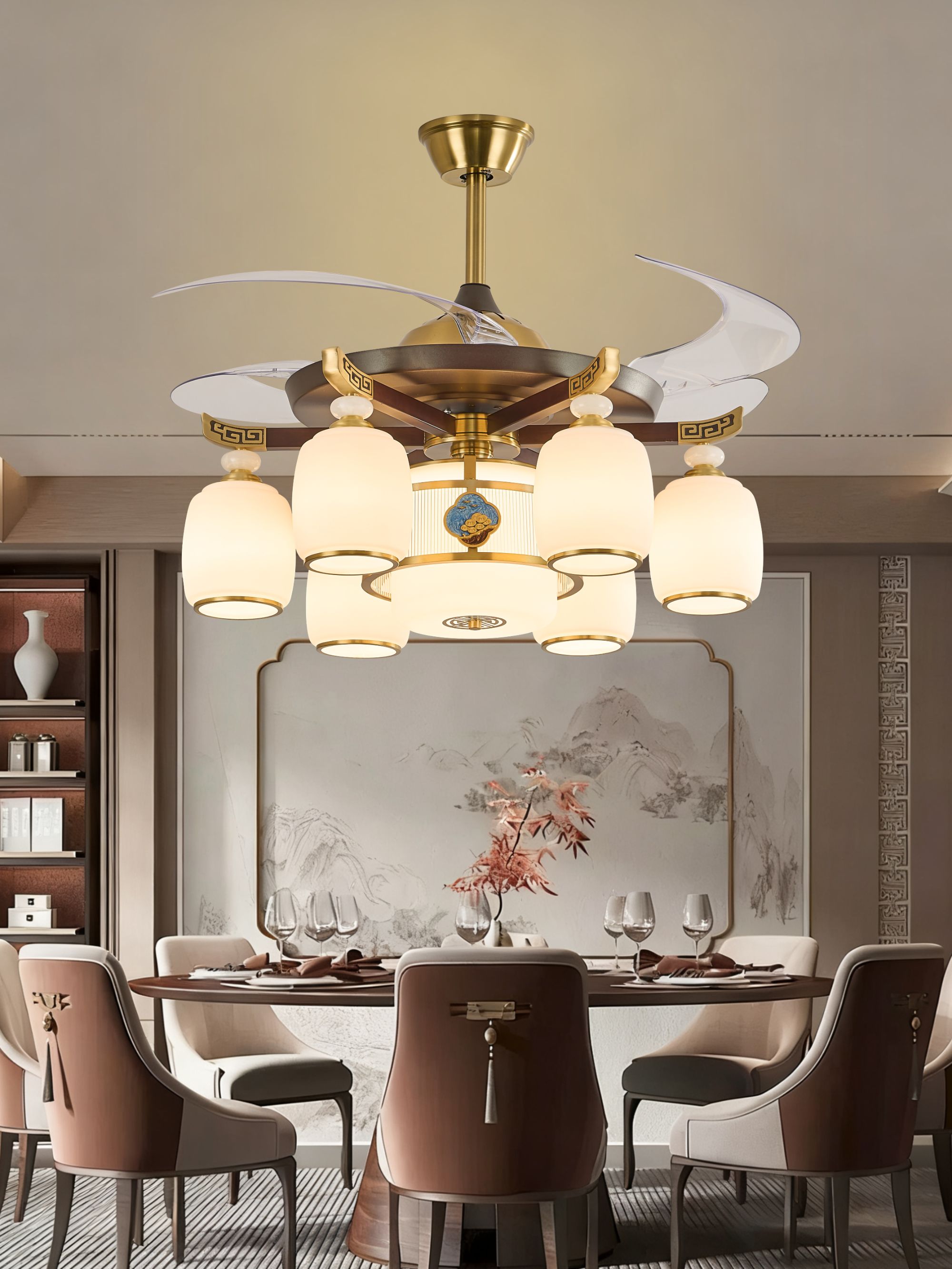 2025年新款祥云国风吊扇灯大气实心大铜头实木客厅灯餐厅灯卧室灯