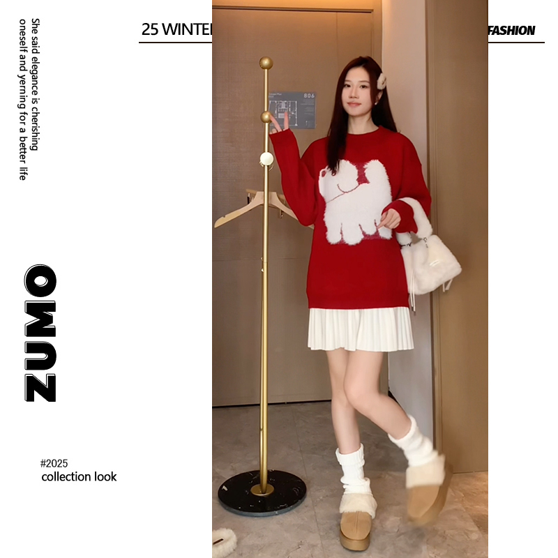 可爱小狗套头毛衣孕妇2025新款秋冬季加厚甜美上衣搭孕妇短裙套装