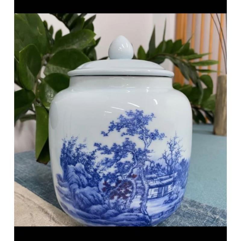 山水青花釉下彩一斤装陶瓷茶叶罐