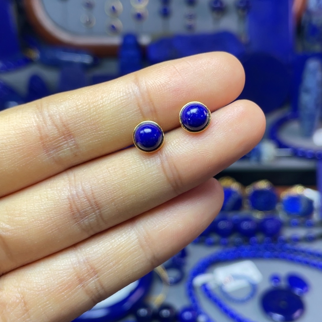 青金石银S925镀金镶嵌7mm耳饰