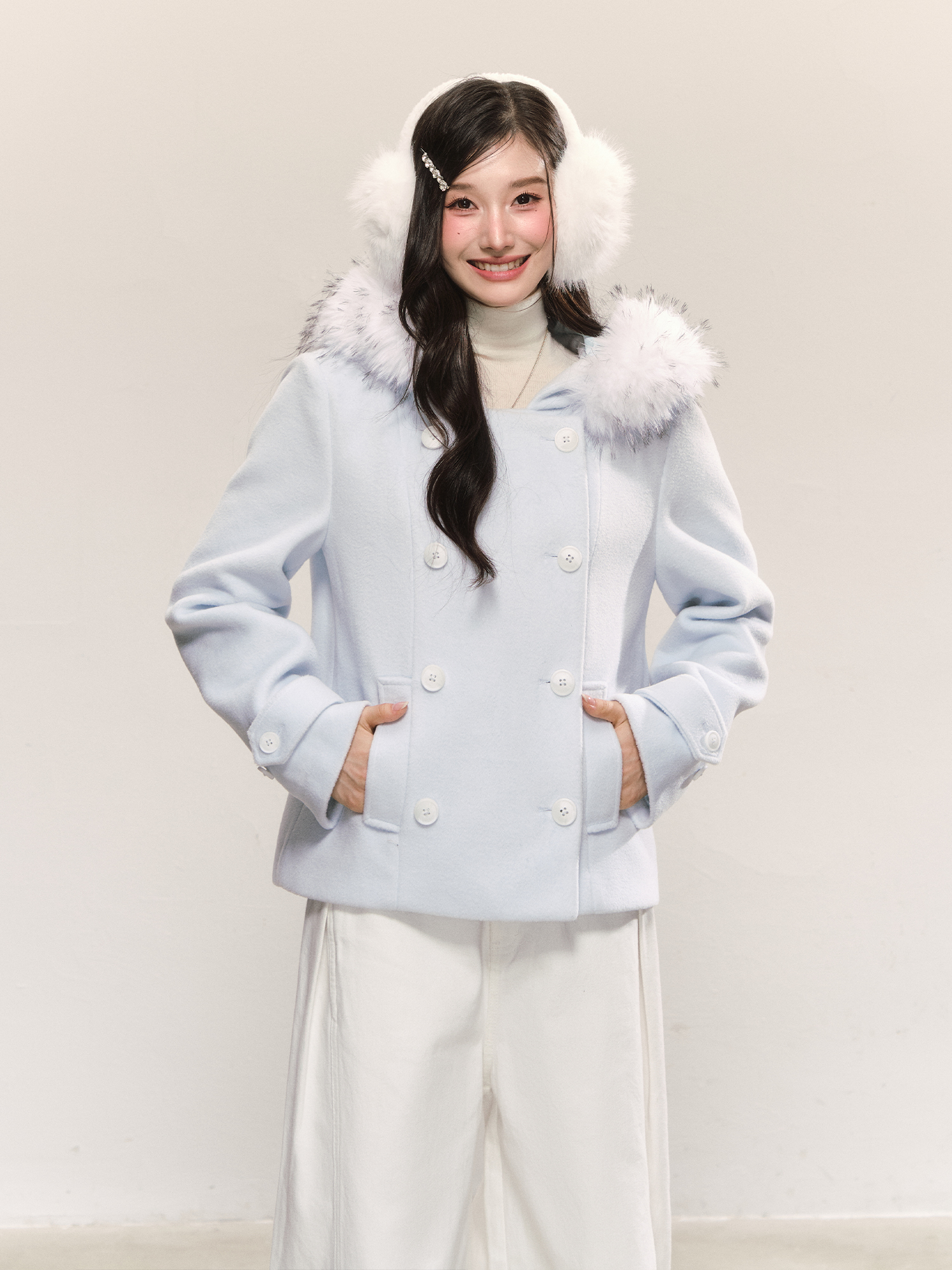 QDQD 双排扣可拆卸毛领连帽毛呢外套秋冬新款温柔可爱风夹克女