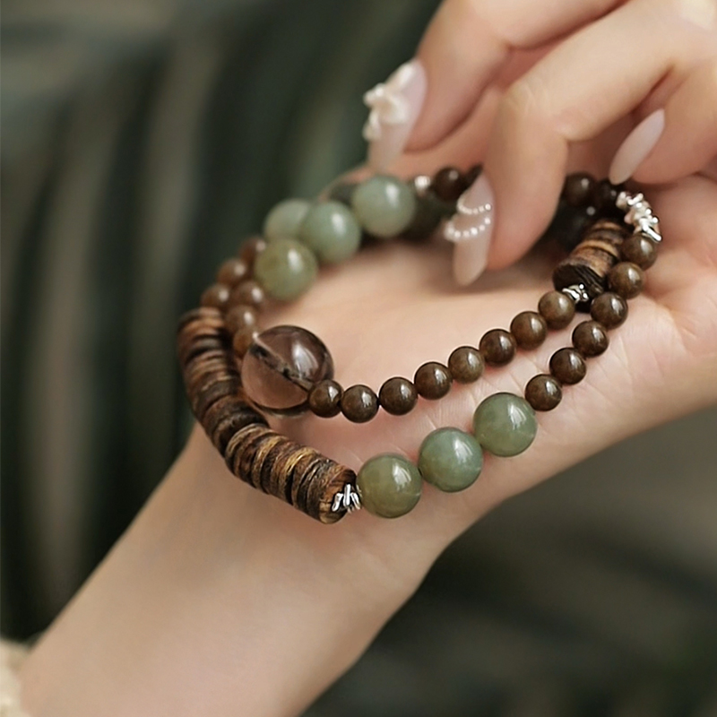 S12048<晶贵坊>s925银和田玉茶晶九九香香（有厚薄）碎银弹力手串 