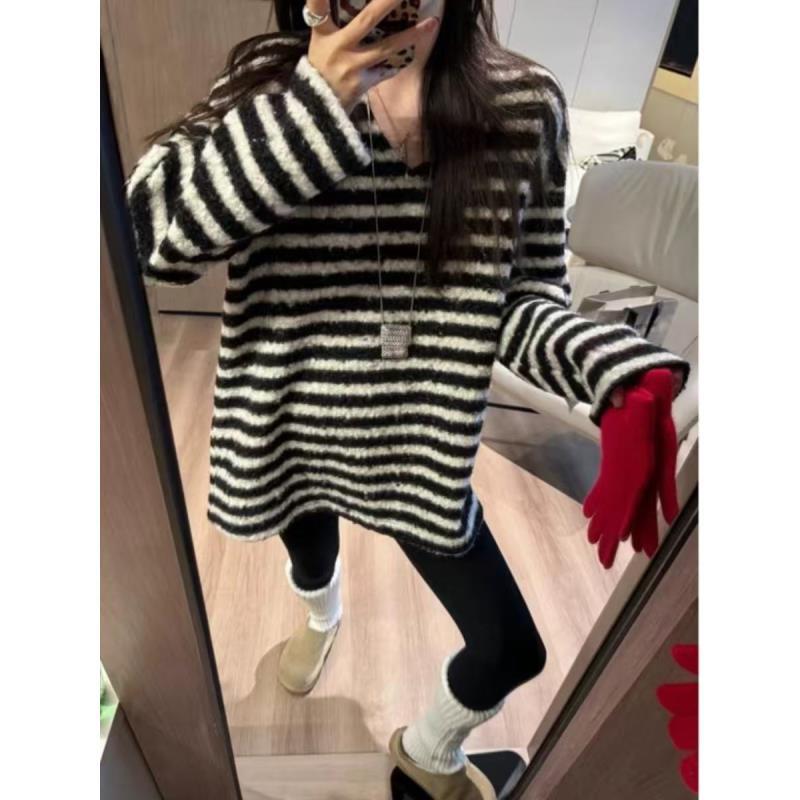 小慧  韩系V领简约条纹撞色软糯百搭长袖上衣KG18