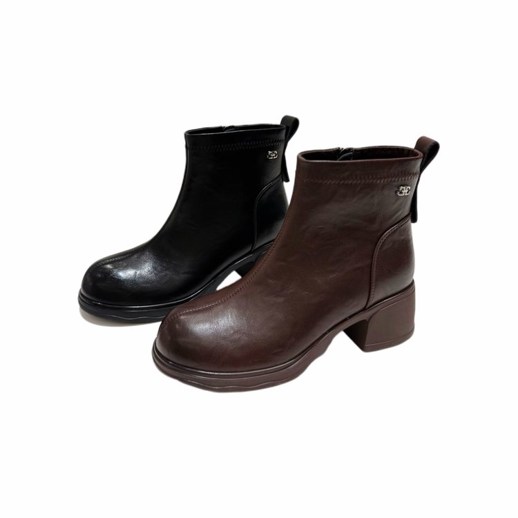 高奢级~手抓缩纹牛皮拉链粗高短靴AB25528