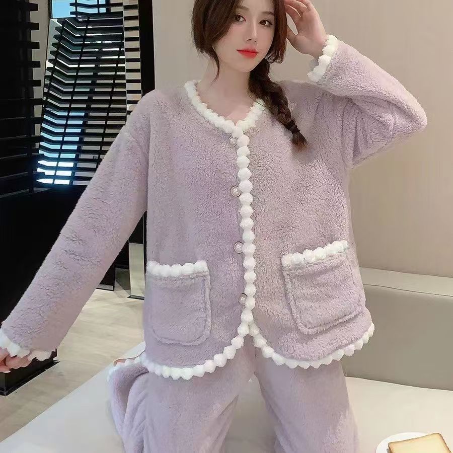 加厚新款睡衣女珊瑚绒加厚小香风加绒套装甜美家居服D