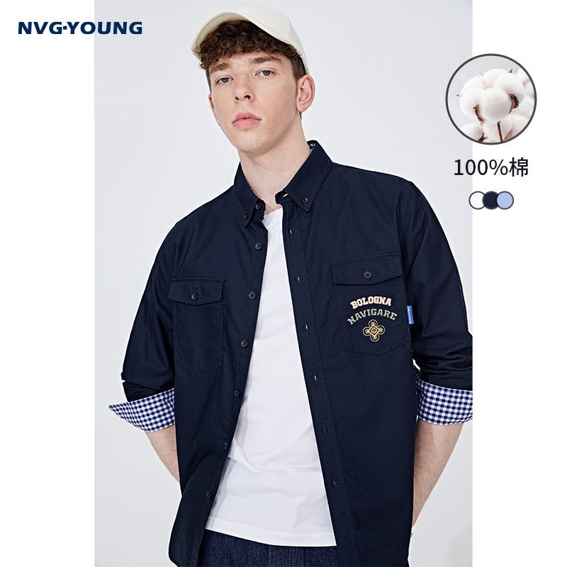 [纯棉]NVG·YOUNG意大利小帆船春男潮流衬衫海军蓝长袖休闲衬衣