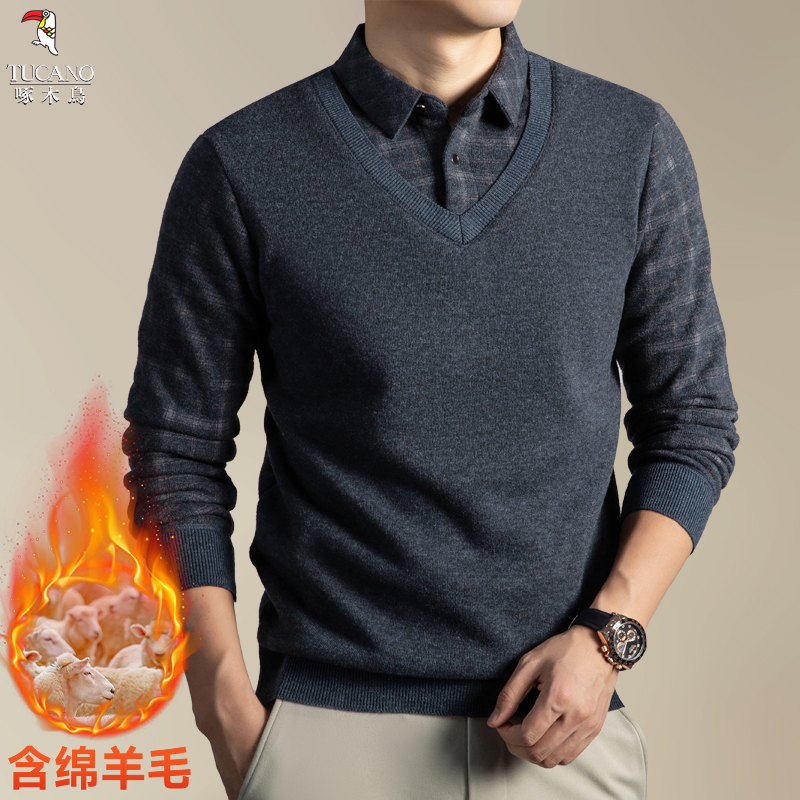【含绵羊毛针织衫】啄木鸟男款假两件翻领长袖日常百搭休闲气质有型
