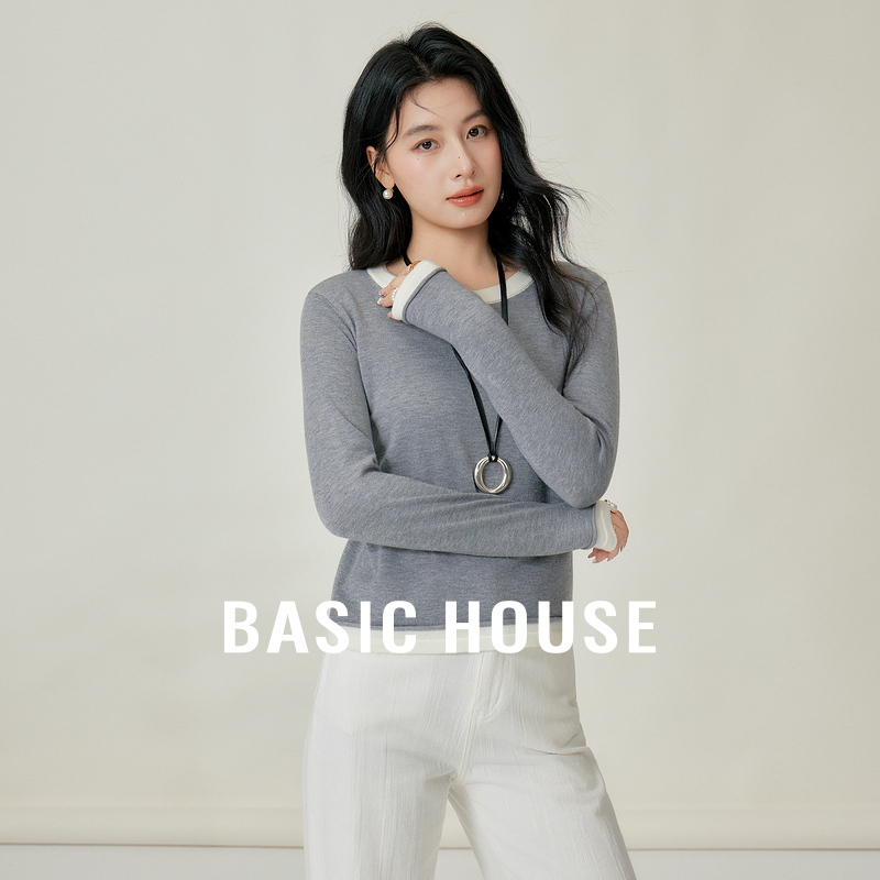 Basic House/百家好拼接撞色上衣秋季显瘦长袖针织衫B0625B5ETX2