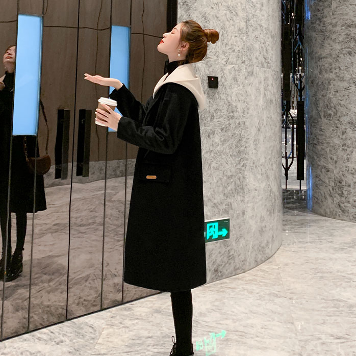 毛呢秋冬中长款小个子女黑色撞色连帽休闲风气质毛呢外套呢大衣