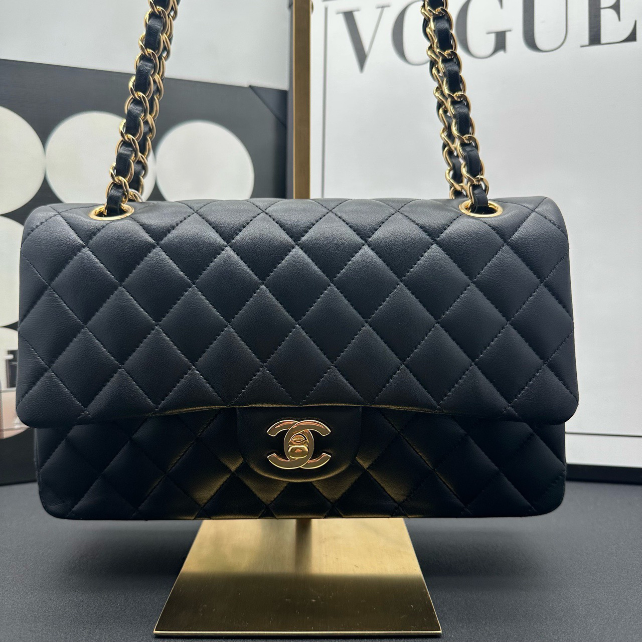 95新 Chanel/香奈儿 黑金光面中号cf—120021-19开