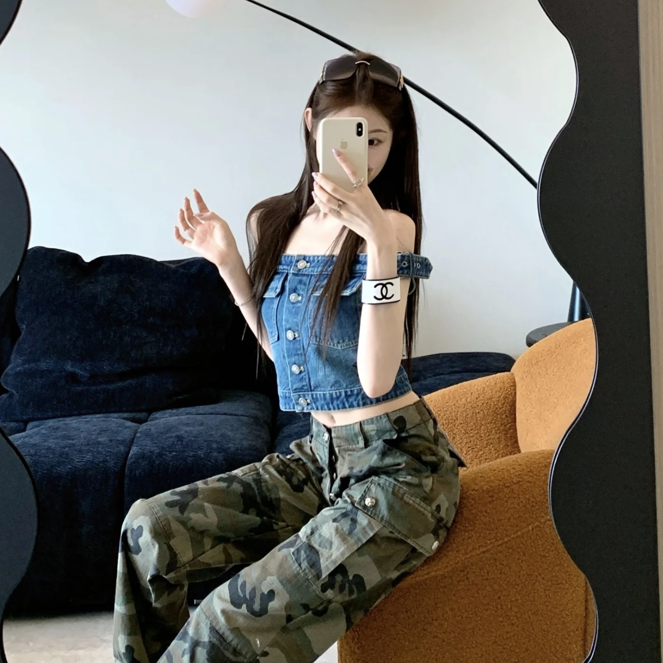 99新 DIOR/迪奥 au488/25s蜜蜂刺绣标语牛仔布无肩带抹胸 40码 棉