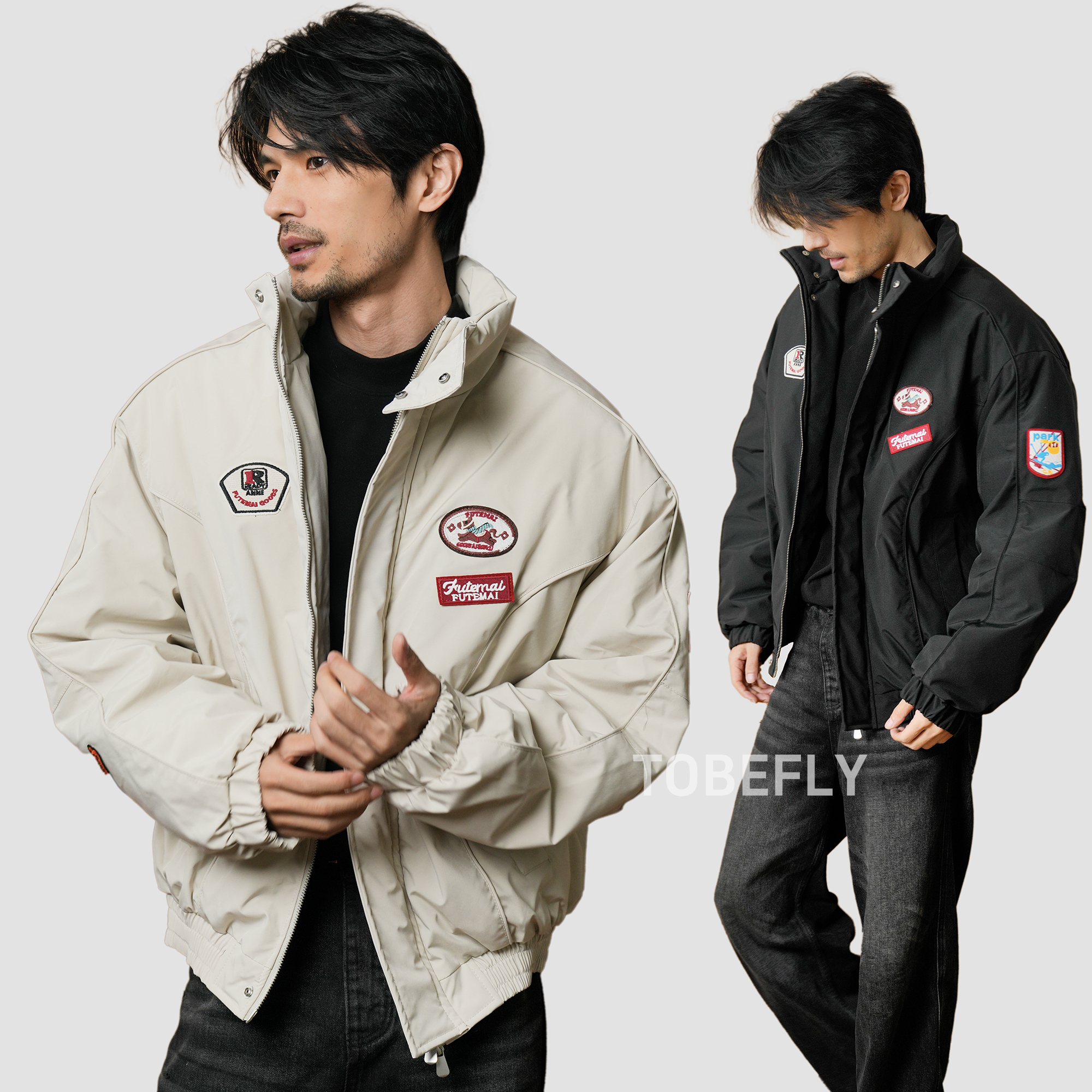 Tobefly美式复古徽章刺绣廓形结构立领棉服冬季保暖工装外套6365