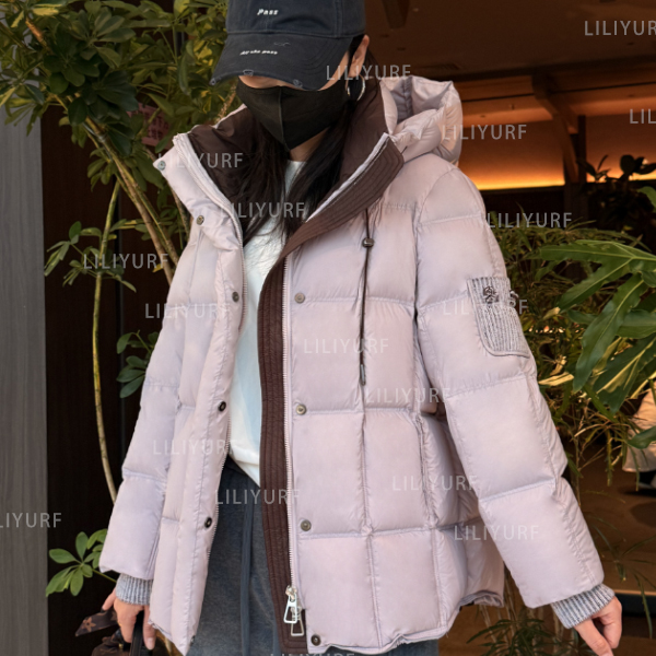 2025新款多色格纹设计加厚保暖针织拼色连帽羽绒服外套（俊）