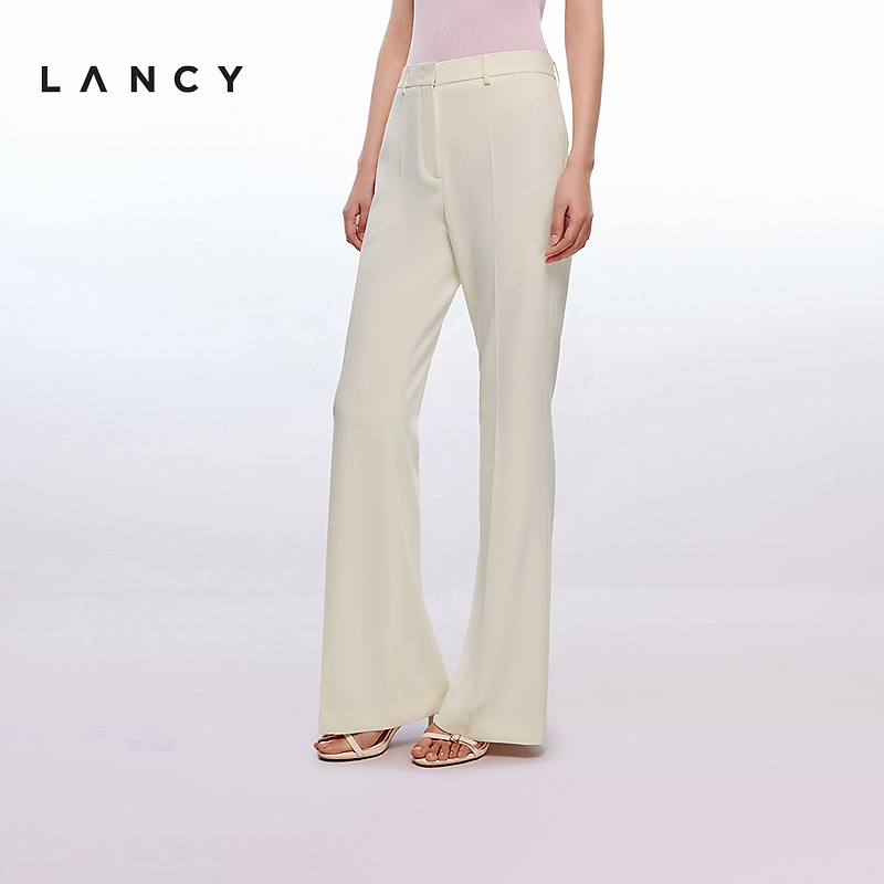 LANCY/朗姿2025年夏新款简约气质通勤微喇西装裤女米白色垂感长裤