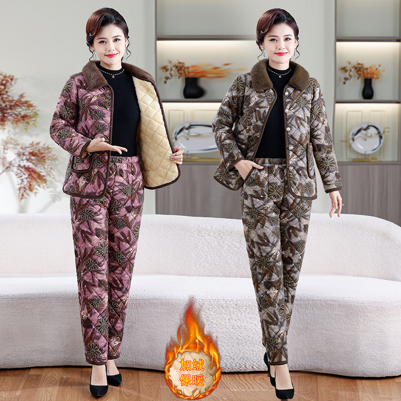 新款妈妈装冬季加绒加厚套装中老年毛毛领时尚上衣裤子两件套