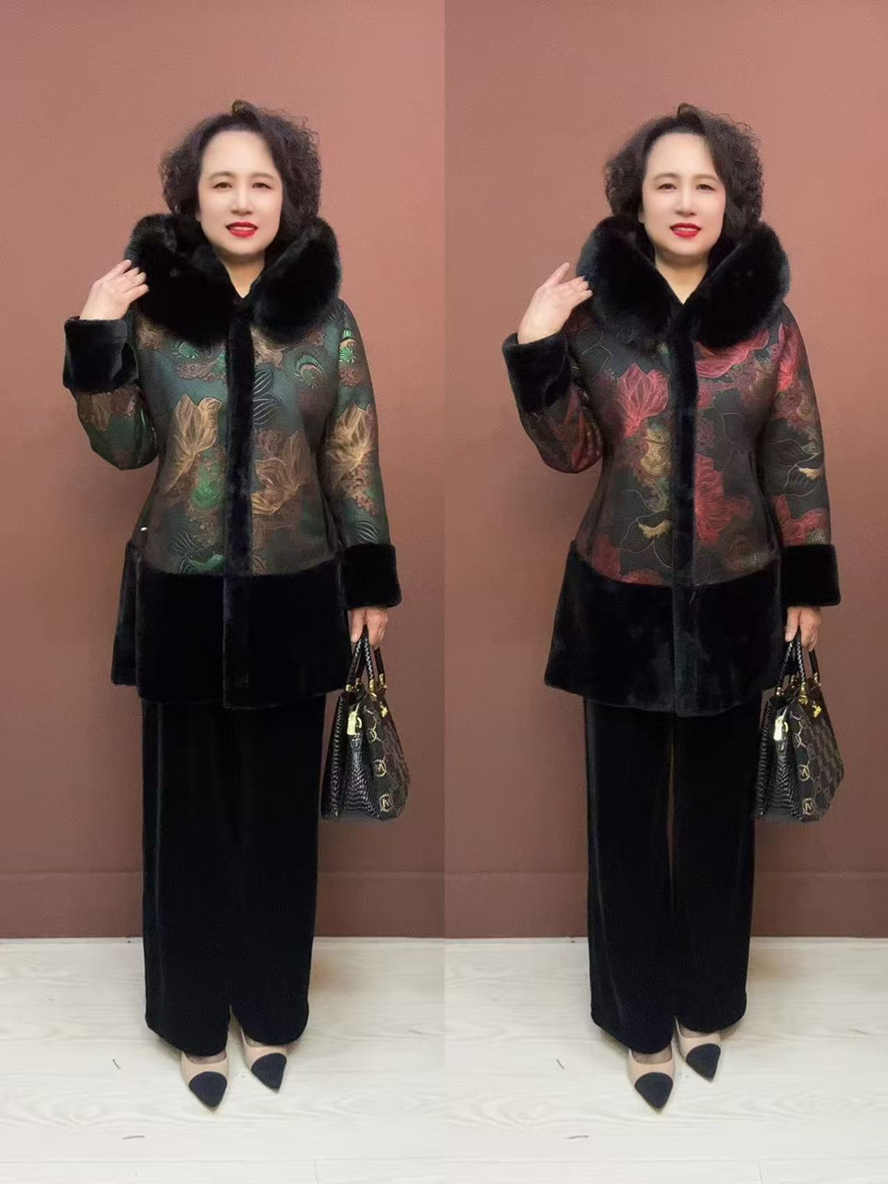 ML-厚款植物花卉中老年女装毛领时尚大码加绒