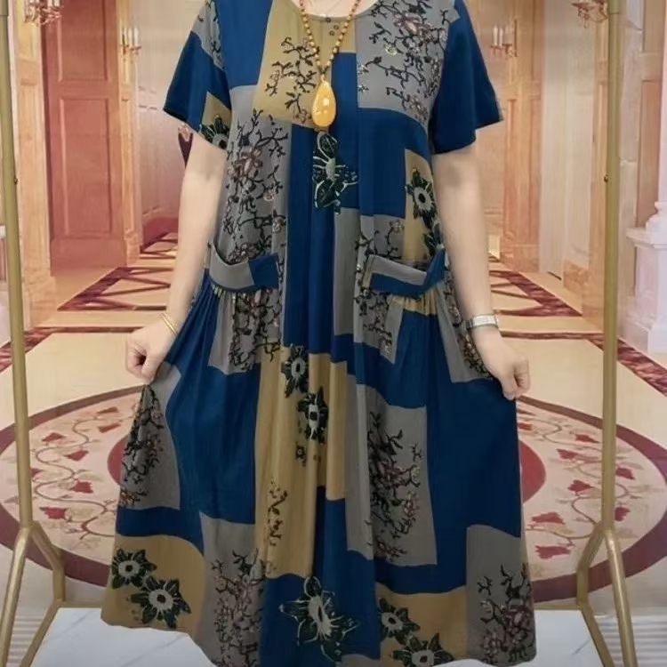 新款短袖方格双兜大版夏天连衣裙50到60岁高档女装老年人裙子妈妈