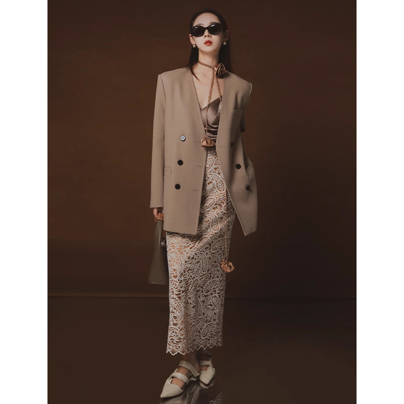 doumpp荣太三醋酸西装外套女装2024春秋新款双排扣修身显瘦气质休