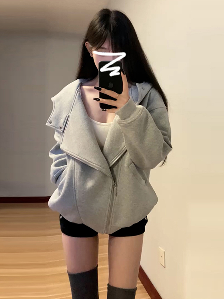 早秋美式设计感外套女春秋2025新款高级感韩系灰色连帽卫衣上衣