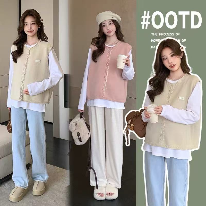 孕妇秋冬针织马甲开套装2025衫新款宽松毛衣