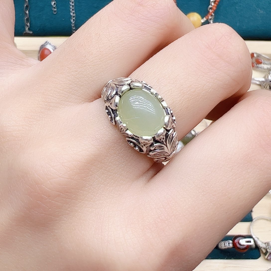 和田玉戒指银S925镶嵌