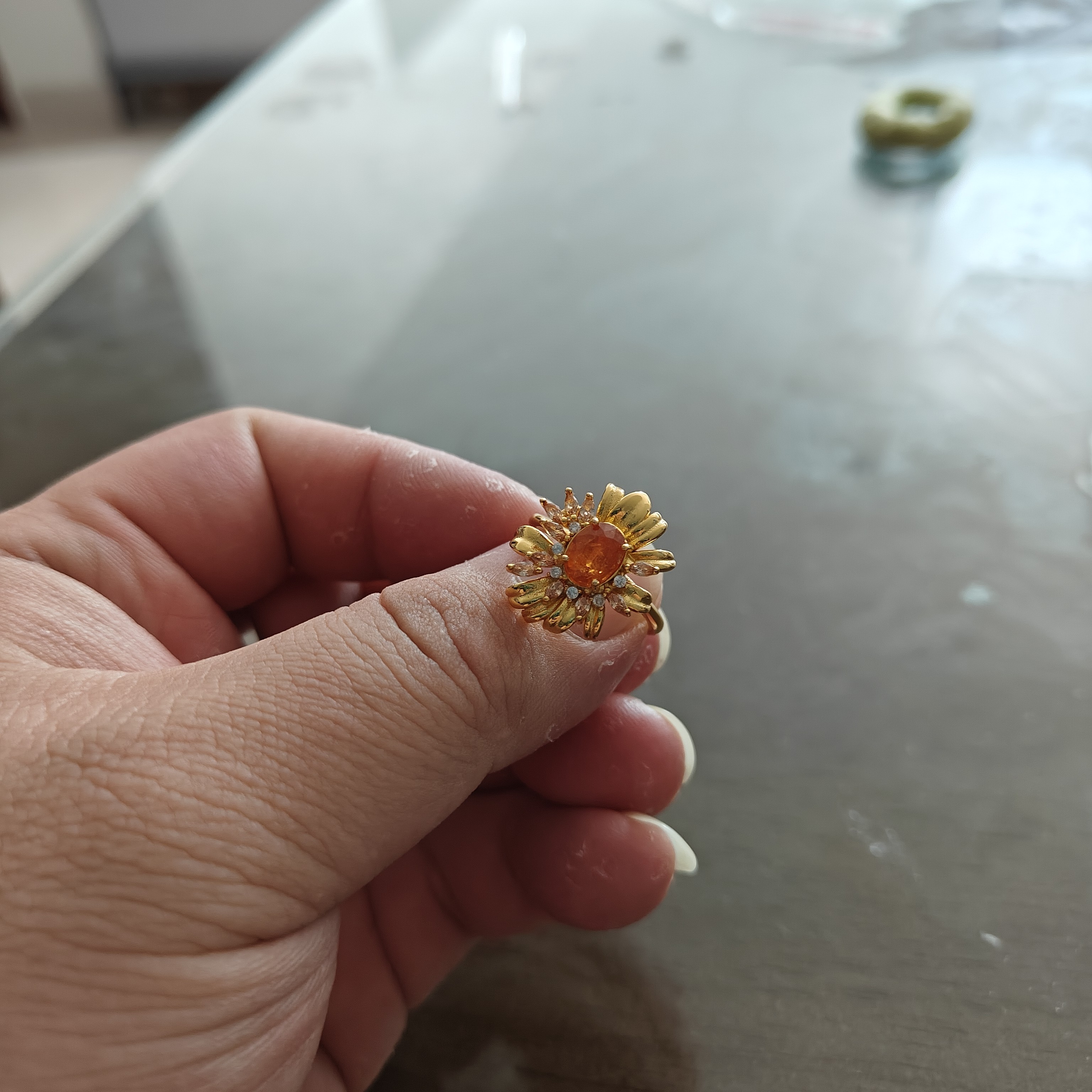天然宝石芬达石戒指s925银镀金镶嵌