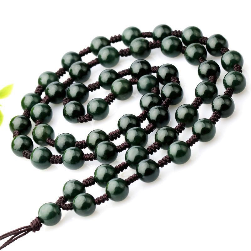 和田玉青玉卡8mm手工编织圆珠链