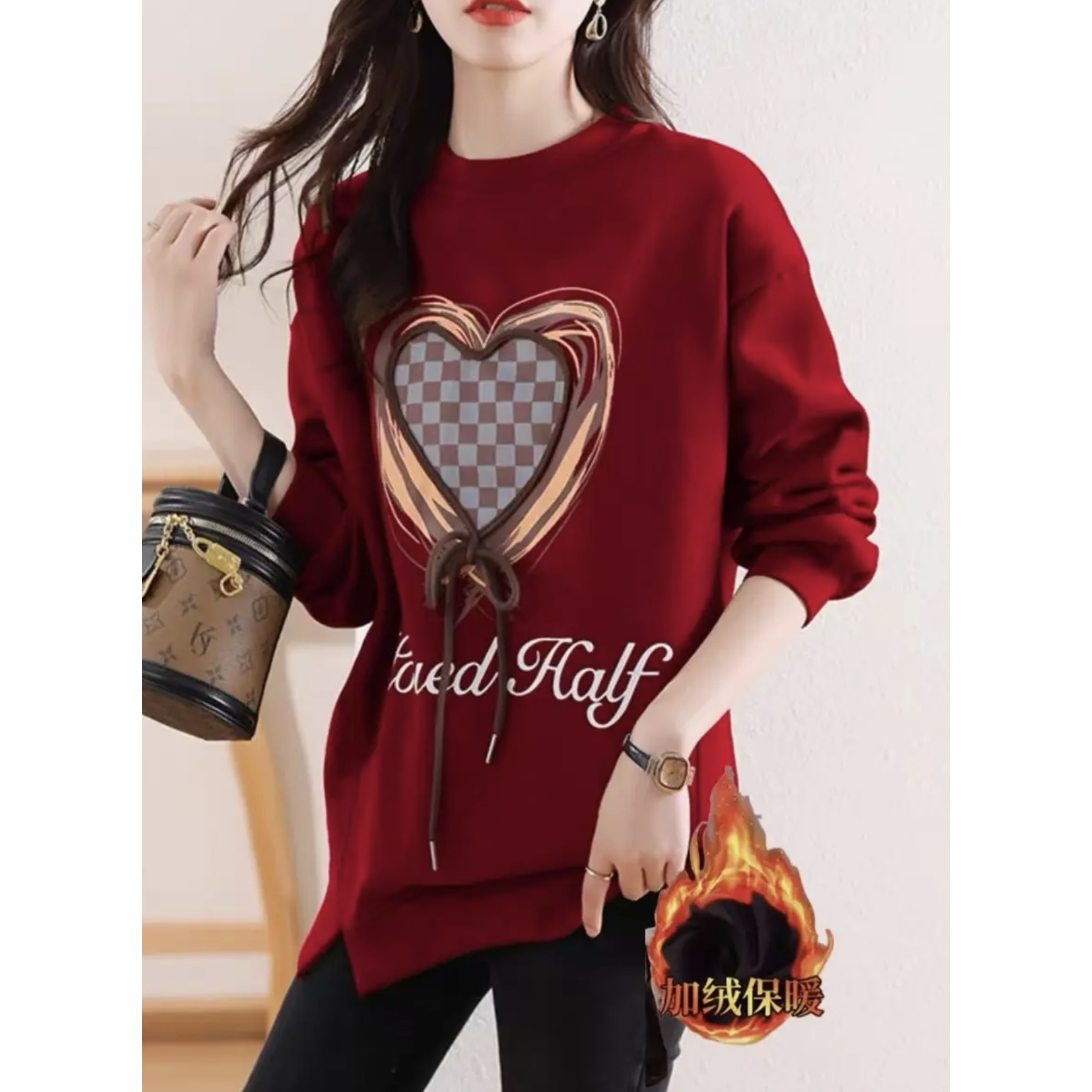 B38中长冬季新款加绒加厚韩版印花百搭开叉时尚长袖圆领宽松女