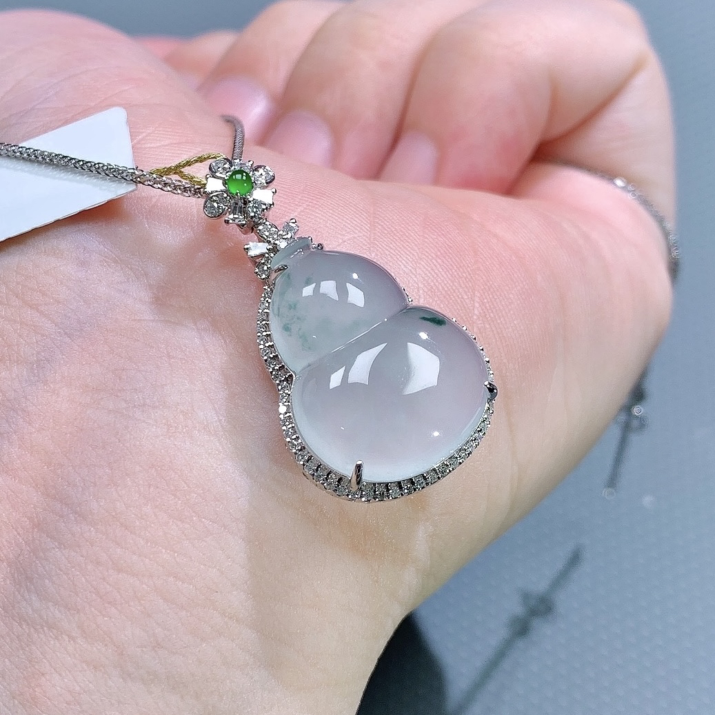 缅甸天然A货翡翠镶嵌18k金冰种飘绿葫芦吊坠礼物气质款34×19×9.3