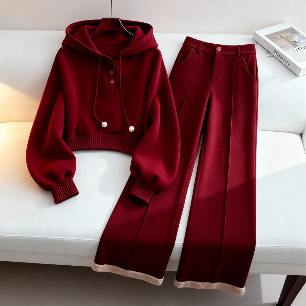 安可拉红轻熟风秋冬两件套新款纯色气质套头卫衣显瘦阔腿裤两件套