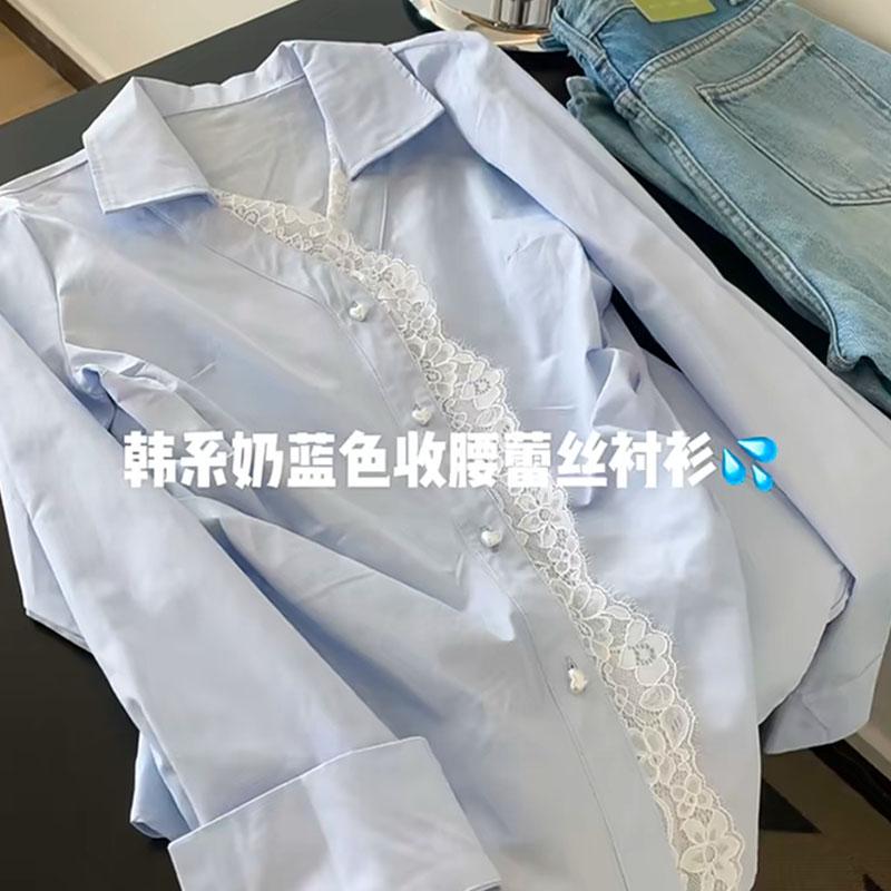 【8403】大码女装胖mm拼接蕾丝衬衫春季减龄褶皱收腰衬衣上衣