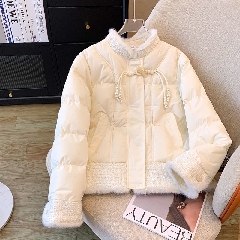 9485新中式盘扣立领短款棉服女冬季新款呢子拼接加厚棉衣外套