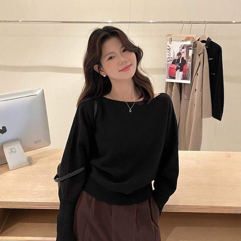 温柔一字领针织女灯笼袖三穿气质针织衫秋冬外穿内搭宽松斜肩百搭
