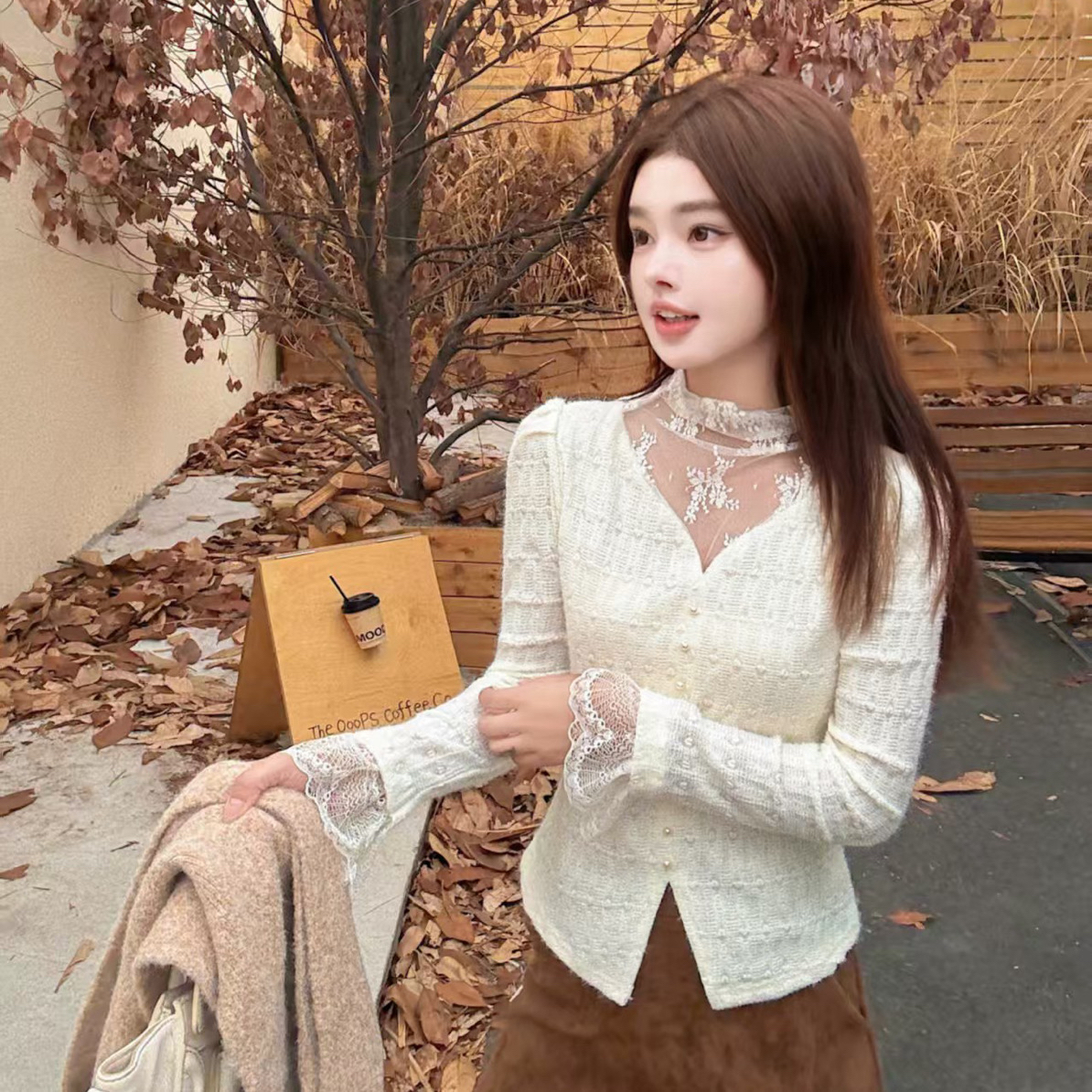 半高领蕾丝拼接针织内搭水貂绒长袖打底衫2025年秋冬季洋气上衣女