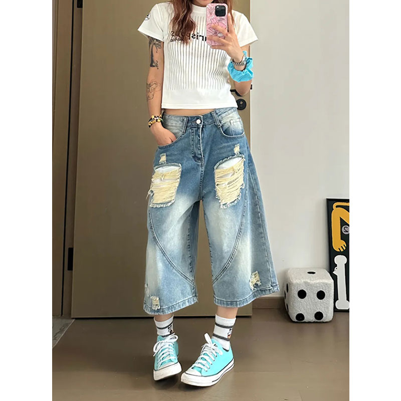 300斤特大码女装设计感美式复古破洞牛仔裤女胖MM高腰遮肉七分裤