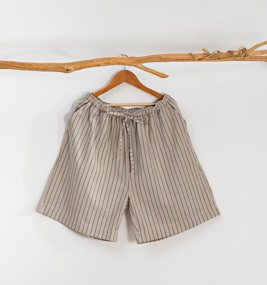 【条纹-男女同款短裤】棉麻短裤情侣款 宽松紧系带五分沙滩裤中裤